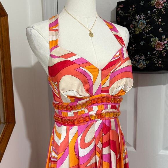 VTG Y2K OC OC By Oleg Cassini Pink & Orange Retro Silk Beaded Maxi Halter Dress - Picture 2 of 7